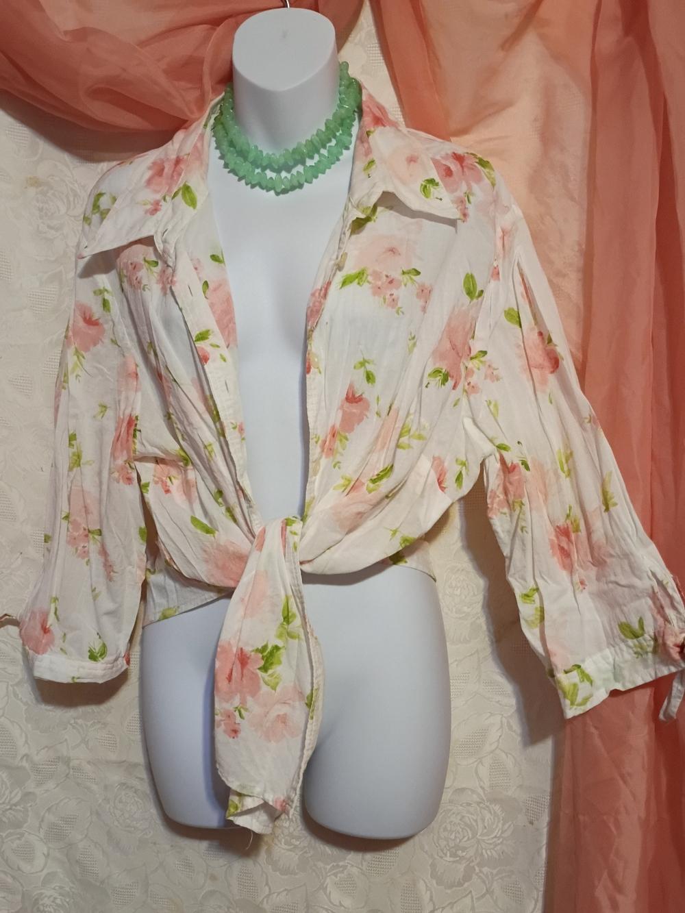 Emma James Ladies White Floral Button-Down Blouse - Pink & Green Sz 20W
